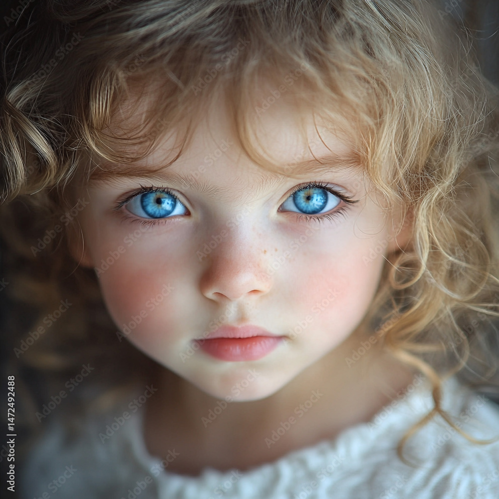 Innocent and serene close-up portrait of a little girl with blue eyes and curly hair Innocent and serene close-up portrait of a little girl with blue eyes and curly hair