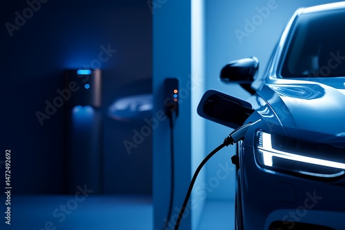 Electric vehicle being charged at a charging station in a modern automotive environment