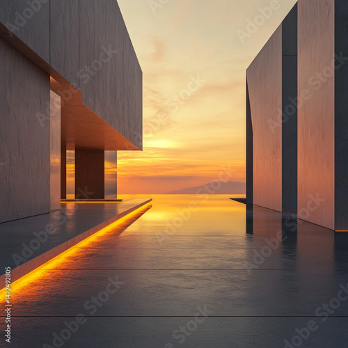 Innovative minimalist architectural design illuminated by the warm glow of sunrise, showcasing creative structures and their harmonious surroundings. Creative concrete building background