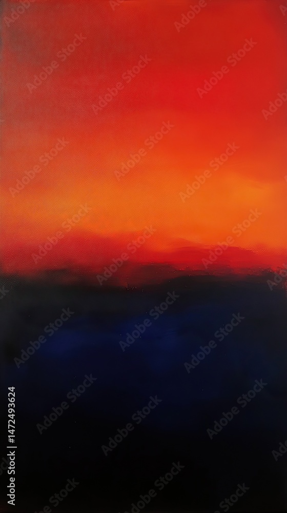 Obraz premium Abstract painting featuring a warm orange and red gradient sky over a dark blue and black horizon.
