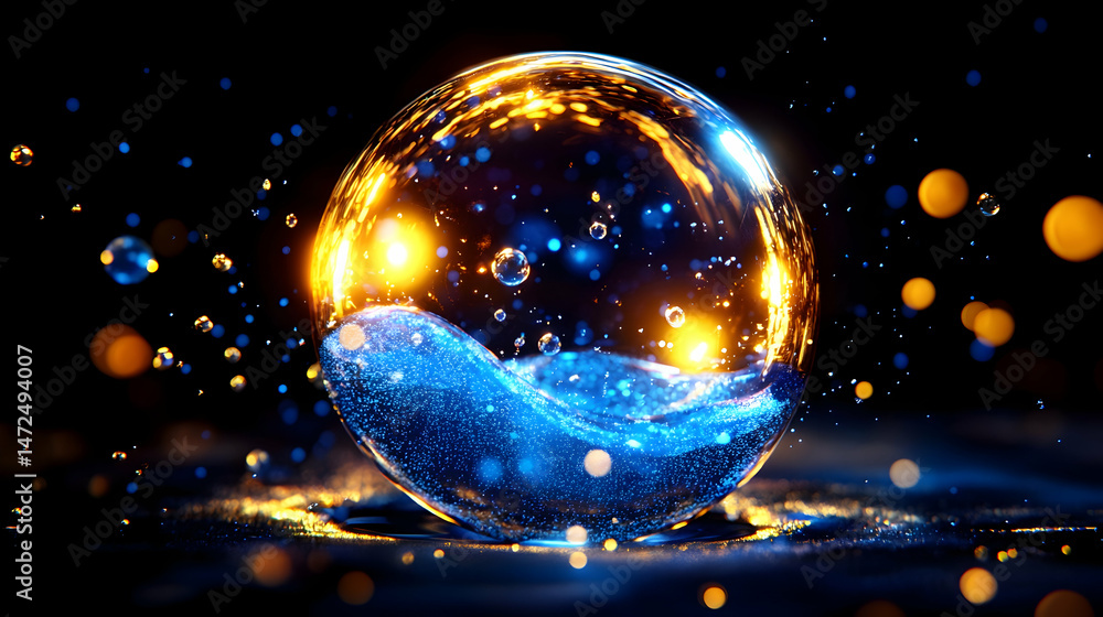 Glowing orb containing blue liquid, surrounded by sparkling particles Glowing orb containing blue liquid, surrounded by sparkling particles