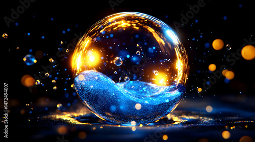 Glowing orb containing blue liquid, surrounded by sparkling particles