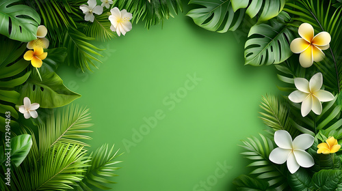 Wallpaper Mural Lush tropical foliage and blossoms frame a vibrant green backdrop Torontodigital.ca