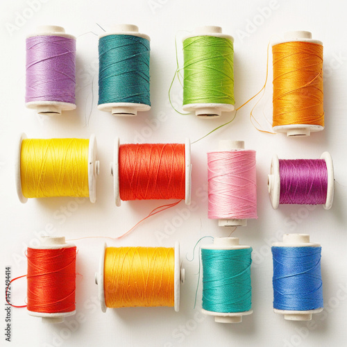 Colorful sewing thread arrangement A spectrum of creativity, a beautifully arranged spool of colorful sewing thread on a clean white background