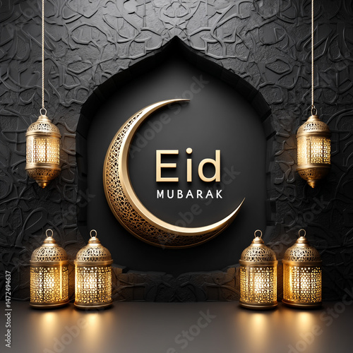 islamic greetings eid mubarak template design with islamic decoration, crescent moon and lanterns
