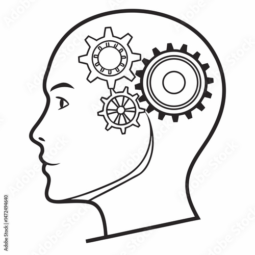 Profile of a man with gears in his mind, symbolizing analytical thinking and problem-solving skills