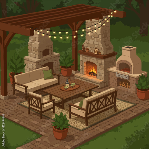 Outdoor Living Space with Stone Fireplace, Pizza Oven and Lounge Area