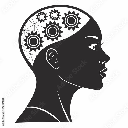 Profile of a woman with gears in her head, symbolizing creativity and cognitive processes in innovation