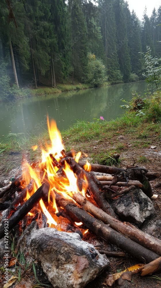 Campfire gathering by tranquil river outdoor adventure nature scene peaceful environment close-up view Campfire gathering by tranquil river outdoor adventure nature scene peaceful environment close-up view
