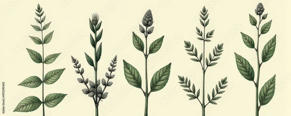 Naklejka premium Illustrated botanical collection of various leafy plant specimens with seed pods and flowers.