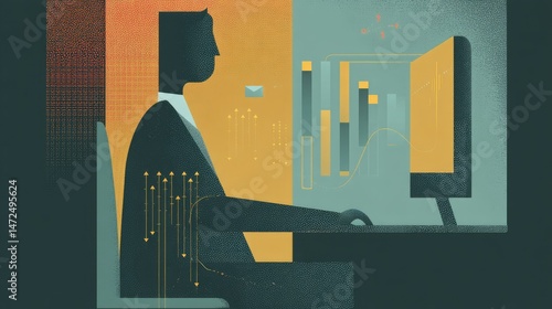 Analyzing data trends and insights office workspace digital illustration modern environment side view technology impact