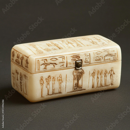 Ivory relic box engraved with cryptic symbols and fine dust