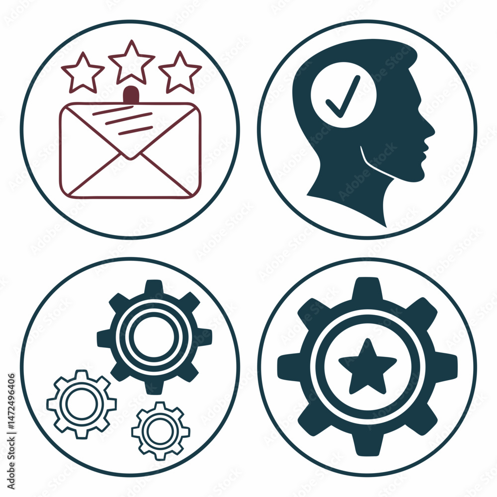 Set of icons representing feedback, approval, tools, and gears reflecting productivity and efficiency Set of icons representing feedback, approval, tools, and gears reflecting productivity and efficiency