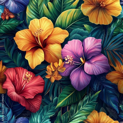 Wallpaper Mural A colorful floral pattern featuring vivid hibiscus flowers in shades of yellow, red, purple, and blue, surrounded by lush green tropical leaves. The vibrant, exotic aesthetic captures the essence of a Torontodigital.ca