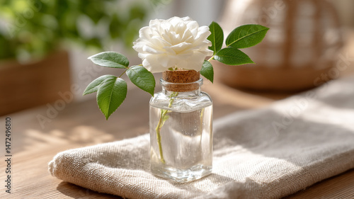 Ivory rose in water-filled bottle on linen fabric 32k, full ultra hd, high resolution