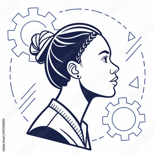 Profile of a female engineer with gears in the background, symbolizing innovation and creativity