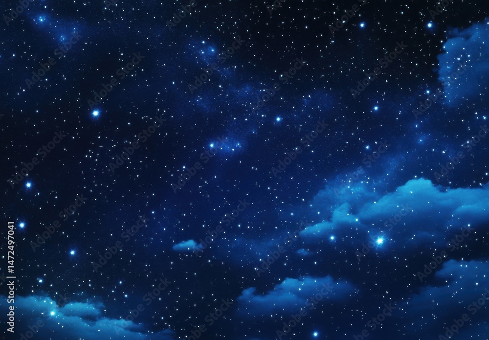 Naklejka premium A mesmerizing night sky image featuring countless stars scattered across a deep blue canvas, punctuated by soft, luminous clouds drifting serenely across the celestial expanse. : Generative AI