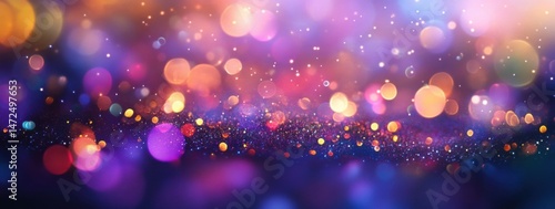 Vibrant bokeh lights and glitter create a dazzling festive backdrop, perfect for celebratory designs or glamorous presentations.  The image features a rich blend of purple, pink, orang : Generative AI