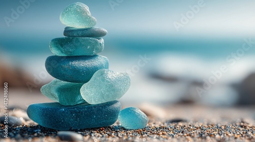 Stacked sea glass on a beach with ocean waves in the background.