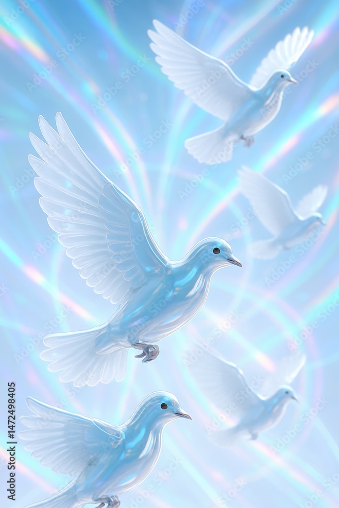Fototapeta premium Digital Peace Doves Flying with Holographic Effects and Shimmering Sky
