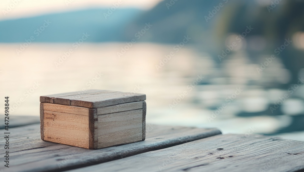 Wooden box on a dock overlooking water Wooden box on a dock overlooking water