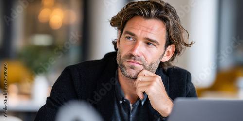 Pensive man contemplates hand at chin