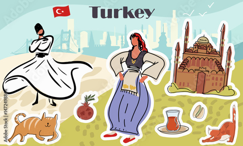 A collage with colorful art of Turkey, Istanbul, Turkish landmarks. Hand drawn vector line illustration.