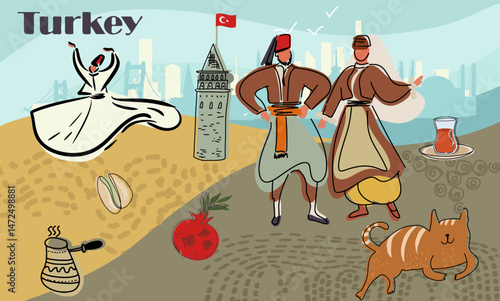 A collage with colorful art of Turkey, Istanbul, Turkish landmarks. Hand drawn vector line illustration.