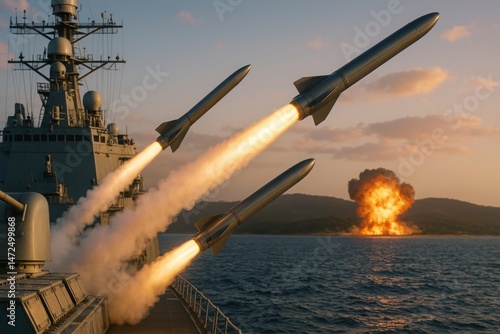 Warship Launching Missiles Toward Enemy Land Target with Explosion Visible Across Coastal Horizon

