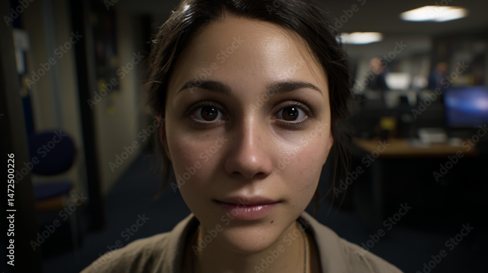 Obraz premium Close-up portrait of a young woman with expressive eyes in an office setting