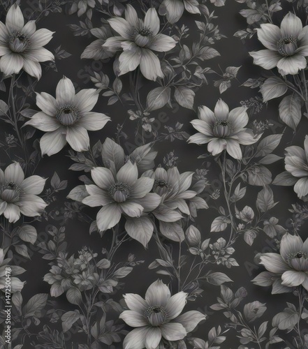 Subtle charcoal floral wallpaper; delicate botanicals, seamless pattern, seamless, textile