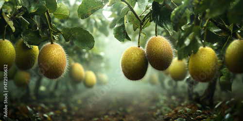 Kiwi fruits hanging from fuzzy vines in misty orchard 32k, full ultra hd, high resolution