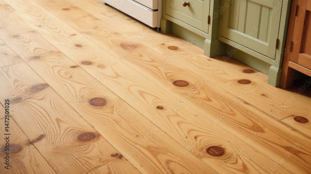 Close-up view of a warm wooden kitchen floor and cabinets in soft natural light. Close-up view of a warm wooden kitchen floor and cabinets in soft natural light.