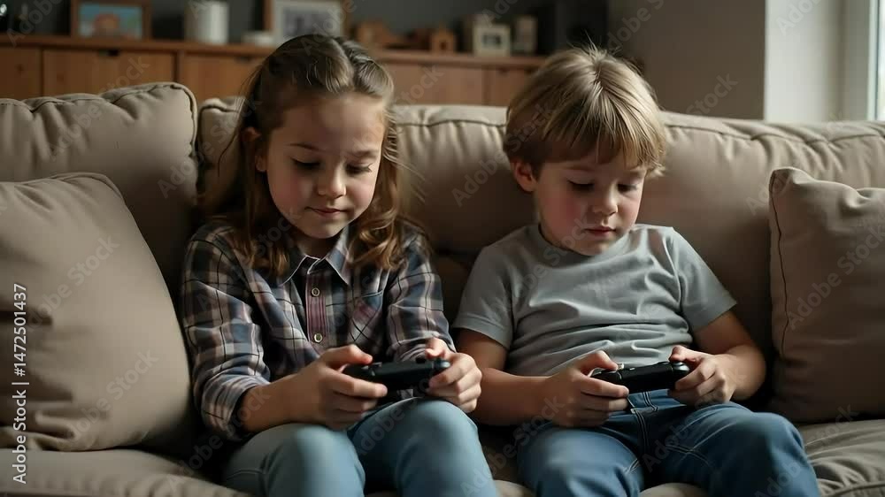 Young Siblings Enjoying Interactive Gameplay Together on a Cozy Sofa at Home Young Siblings Enjoying Interactive Gameplay Together on a Cozy Sofa at Home