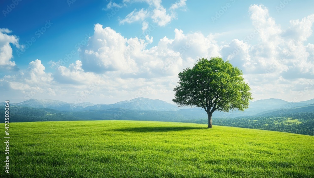 Lush green field with lone tree, mountains and clouds Lush green field with lone tree, mountains and clouds