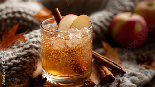 Refreshing Apple Cinnamon Kombucha in Cozy Autumn Setting (AI Image)