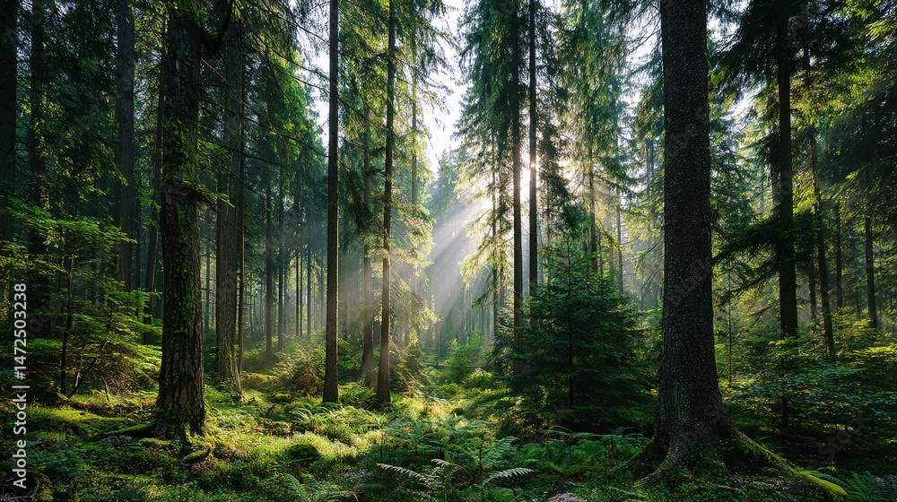 Obraz premium Sunlight Filtering Through Tall Trees in Lush Green Forest Scene