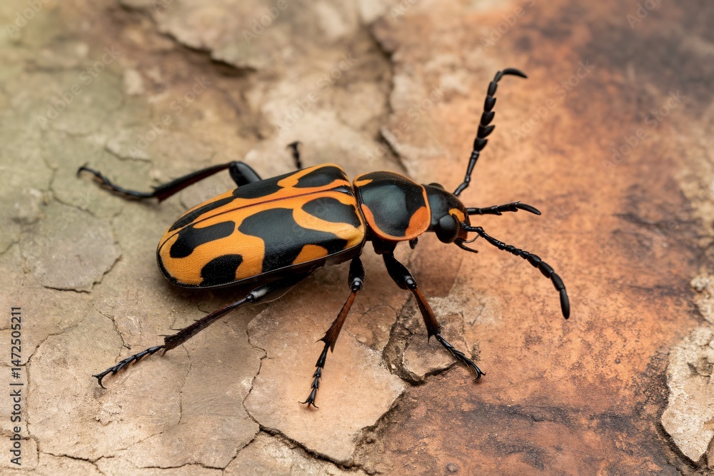 Fototapeta premium A striking black and orange bug resting on textured bark, showcasing intricate patterns and details.