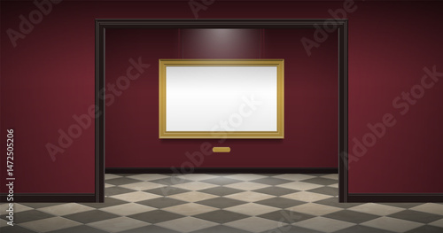 museum art gallery interior with blank golden frame on the wall tiles floor  mock up vector illustration
