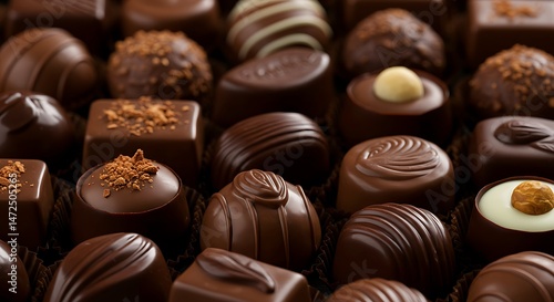 Assorted Chocolate Candies Close-Up Featuring Dark Milk and White Chocolate in a Variety of Shapes and Sizes Perfect for Valentine's Day or Dessert