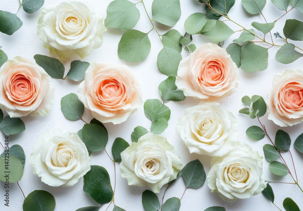 Beautiful arrangement of white and soft peach roses surrounded by lush green eucalyptus leaves on a bright white background, perfect for floral design Beautiful arrangement of white and soft peach roses surrounded by lush green eucalyptus leaves on a bright white background, perfect for floral design