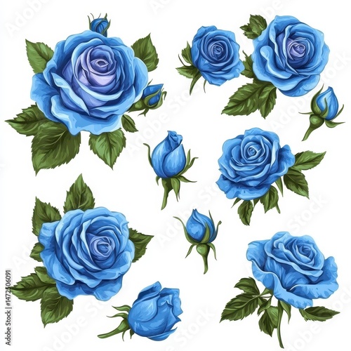 Beautiful Blue Roses with Lush Green Leaves in Various Arrangements for Floral Design and Decoration Projects