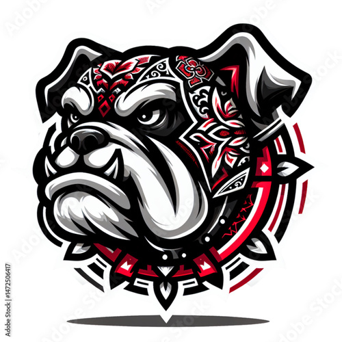 Fierce Bulldog Head Vector Logo Combined with Traditional Batik Pattern in Aggressive Left-Facing Pose
