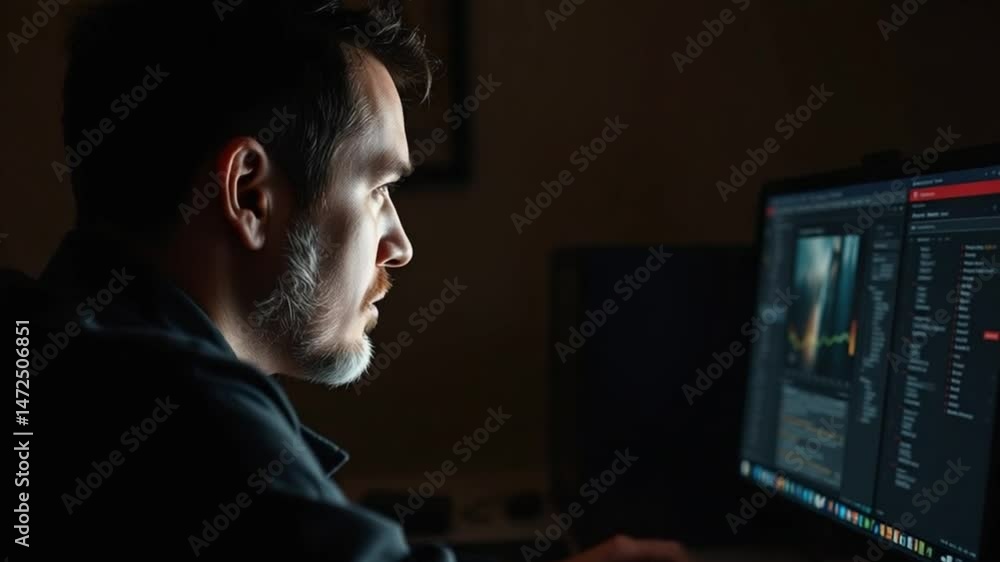 a person who is working in front of a computer with a software display containing graphs, diagrams, and text footage a person who is working in front of a computer with a software display containing graphs, diagrams, and text footage