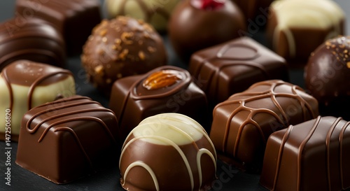 Assorted Chocolate Pralines Delicious Sweet Confections Variety of Gourmet Chocolates Displayed on Black Surface Represents Indulgence Treats and Festive Celebrations and Culinary Arts