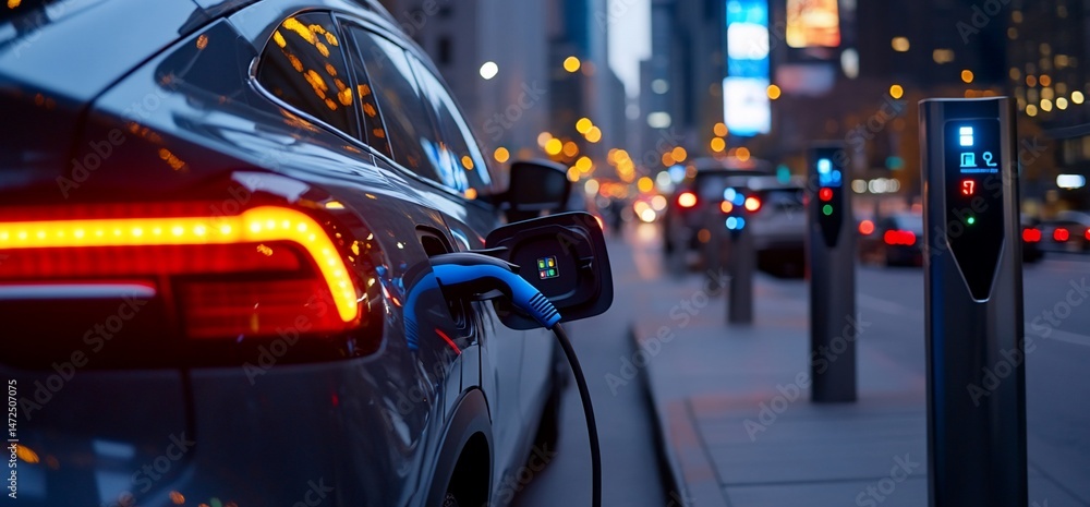 Electric Vehicle Charging in Urban Environment with Charging Station at Night Electric Vehicle Charging in Urban Environment with Charging Station at Night