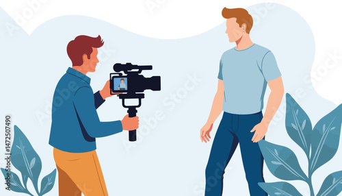 Videographer filming scene with camera stabilizer, creative process