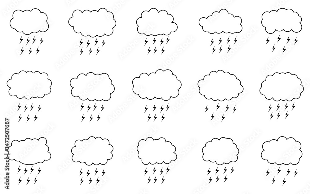 Rainy Cloud Icon Set: A collection of twelve simple yet expressive rainy cloud icons, perfect for weather apps, websites, or presentations, featuring rain and lightning. Rainy Cloud Icon Set: A collection of twelve simple yet expressive rainy cloud icons, perfect for weather apps, websites, or presentations, featuring rain and lightning.