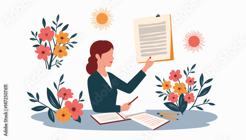 Wedding planner reviewing floral arrangements with bright decorations, creativity