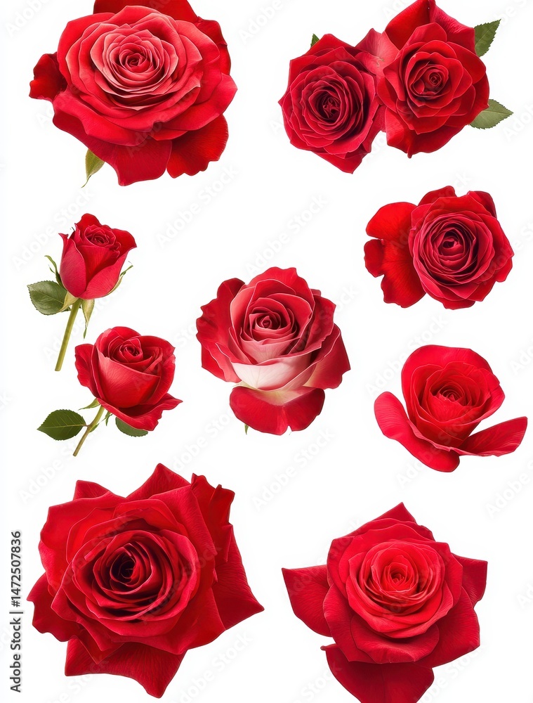 Fototapeta premium Beautiful collection of red roses showcasing various shapes and sizes arranged artistically against a clean white background for floral design inspiration